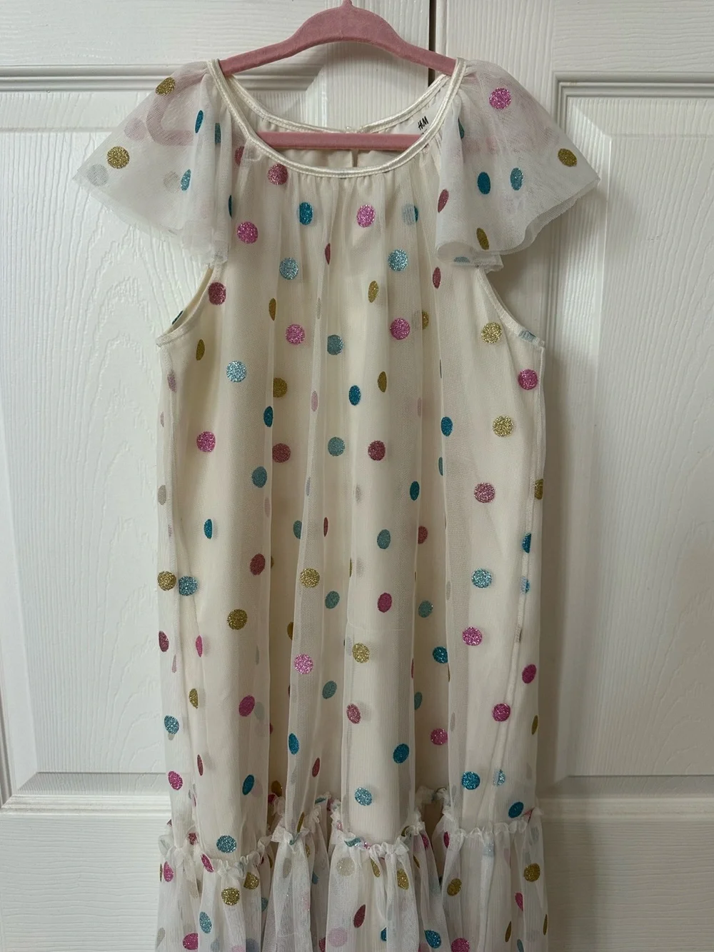 H&M - Cream Tulle Polka Dot Maxi Dress with Ruffle Hem